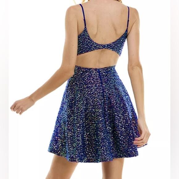 CITY STUDIO Juniors' Sequin Open-Back Fit & Flare Dress Royal Blue Sz 3/4 - Picture 5 of 8